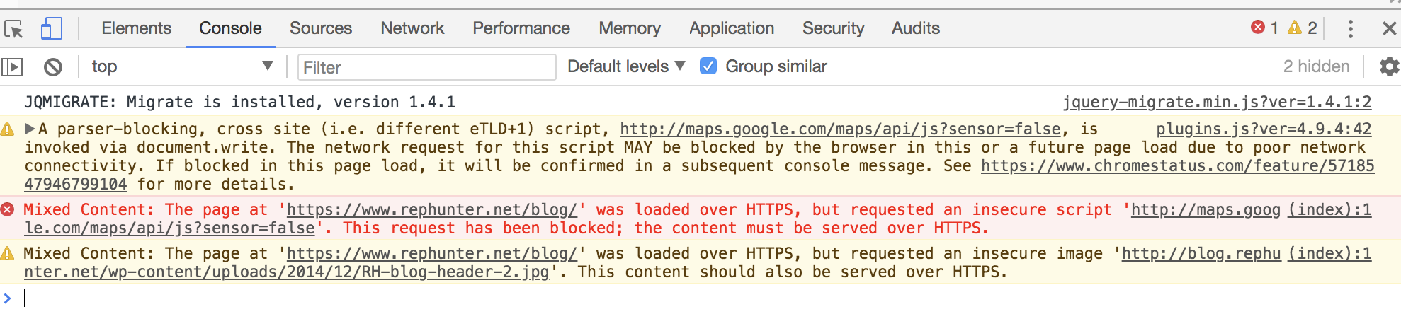 screen shot of Dev Tools console with error messages